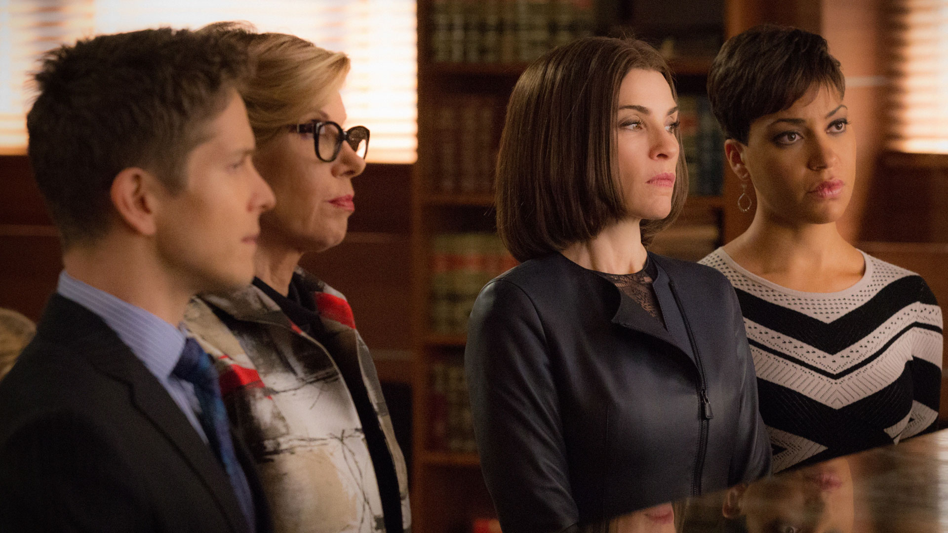 Matt Czuchry as Cary Agos, Christine Baranski as Diane Lockhart, Julianna Margulies as Alicia Florrick, and Cush Jumbo as Lucca Quinn