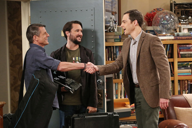 Sheldon greets Wil Wheaton and the son of Mr. Spock, Adam Nimoy