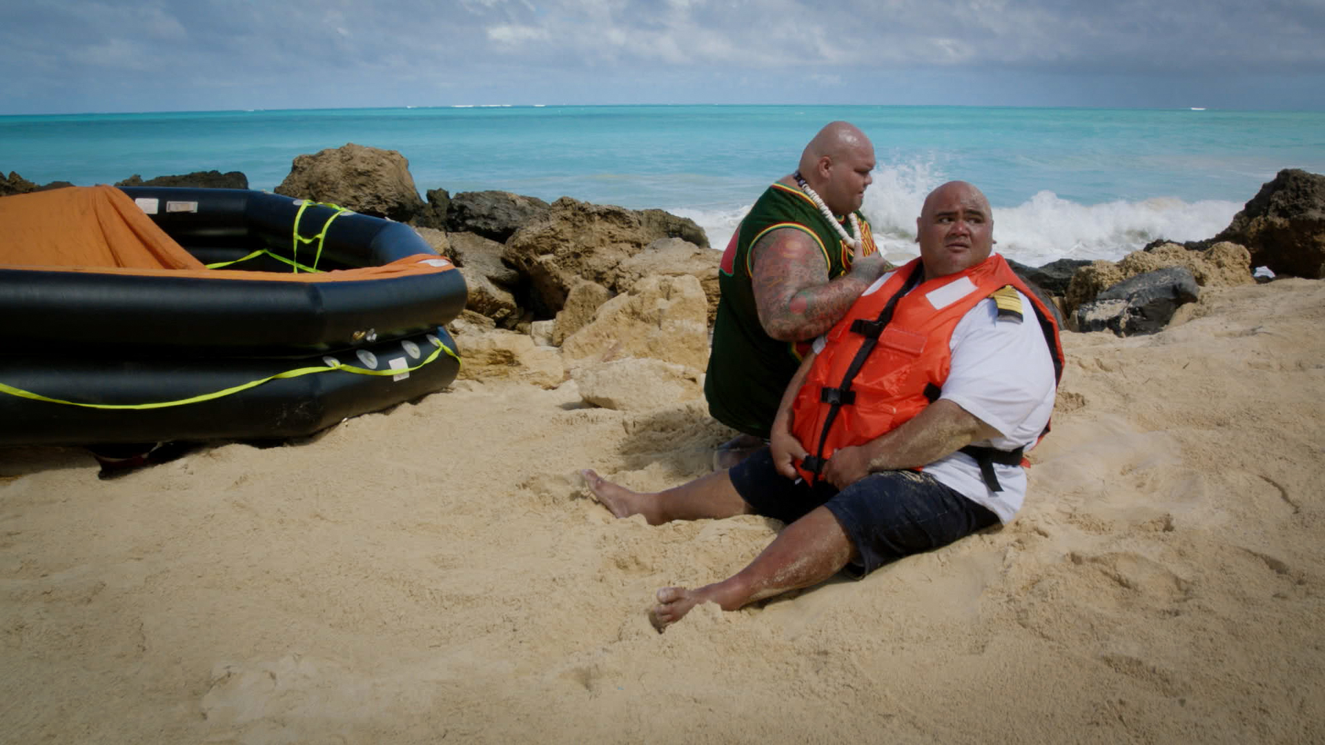 Shawn Mokuahi Garnett as Flippa/Shawn Tupuola and Taylor Wily as Kamekona