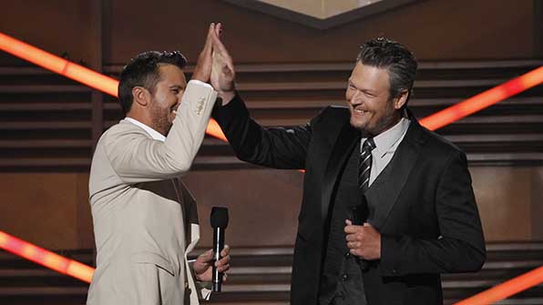 Blake Shelton and Luke Bryan will return to co-host the 50th Academy of Country Music Awards.