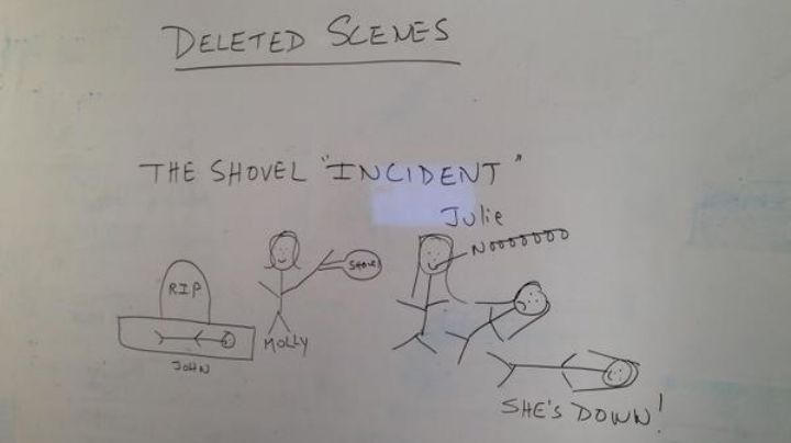Molly slams Julie with a shovel.