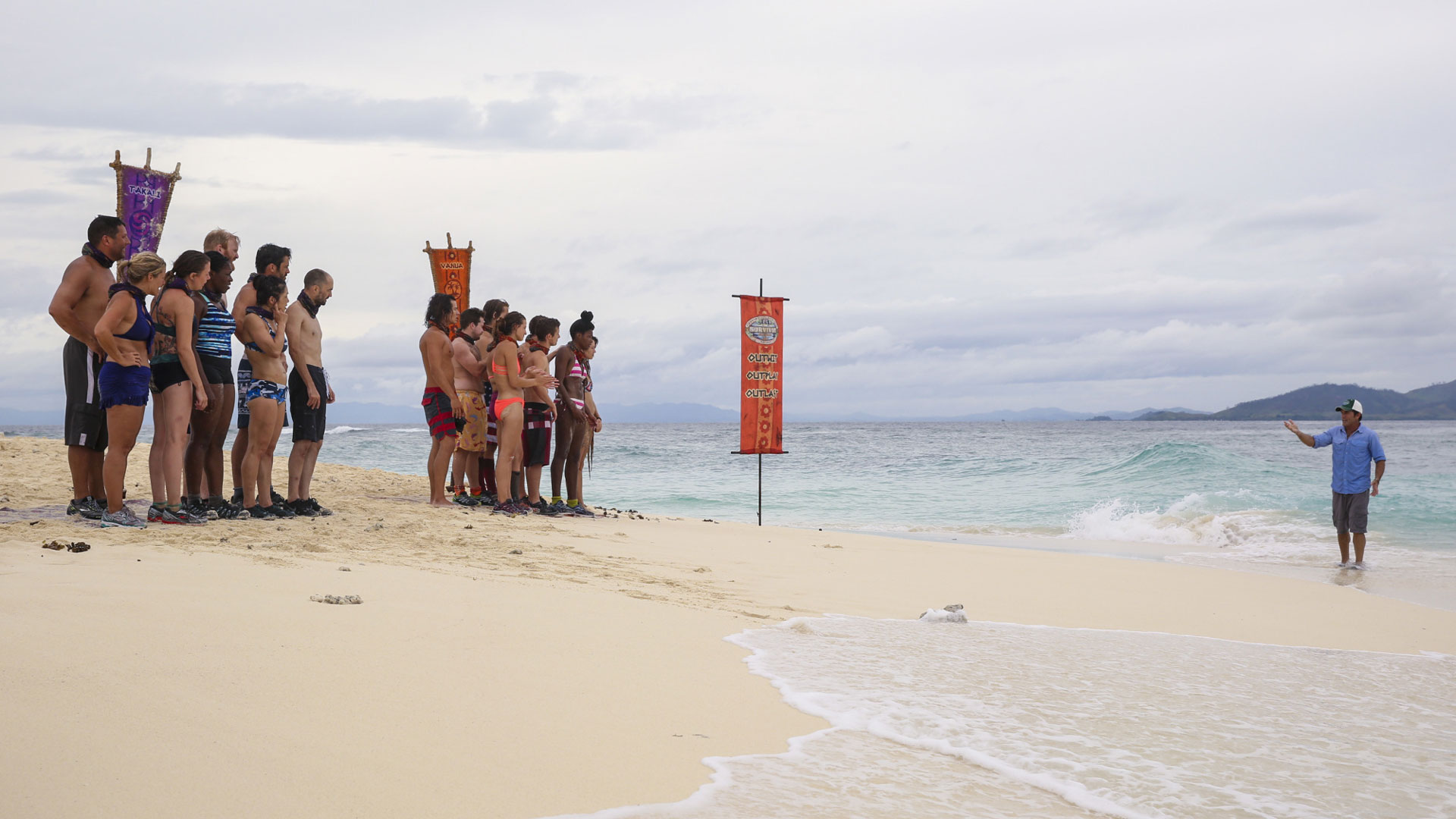 Both tribes await instructions from host Jeff Probst before the first Reward Challenge takes place.