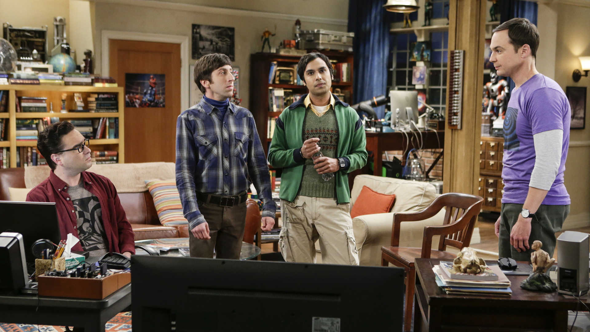 Leonard, Howard, Raj, and Sheldon discuss their current predicament.